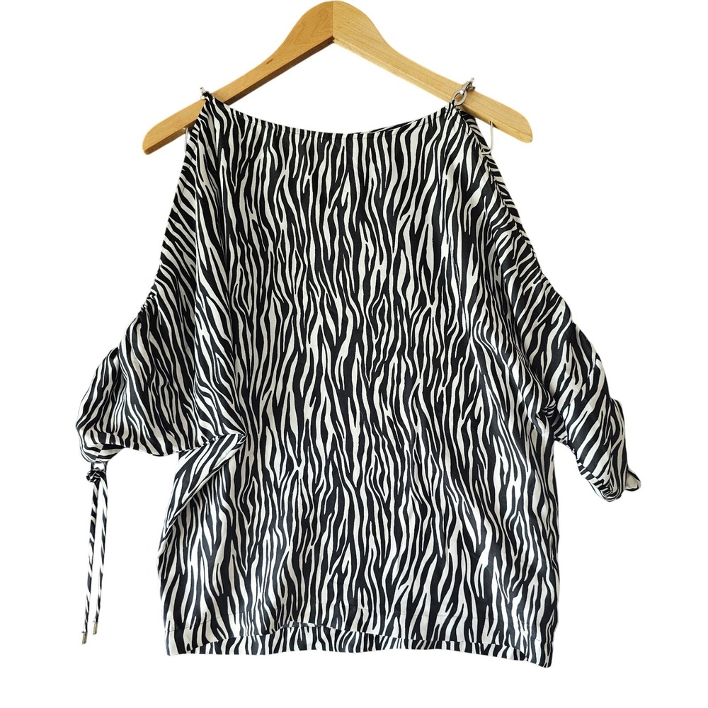 MICHAEL KORS Zebra Print Chain Link Strap Cold Shoulder Drawstring Sleeve Top XS